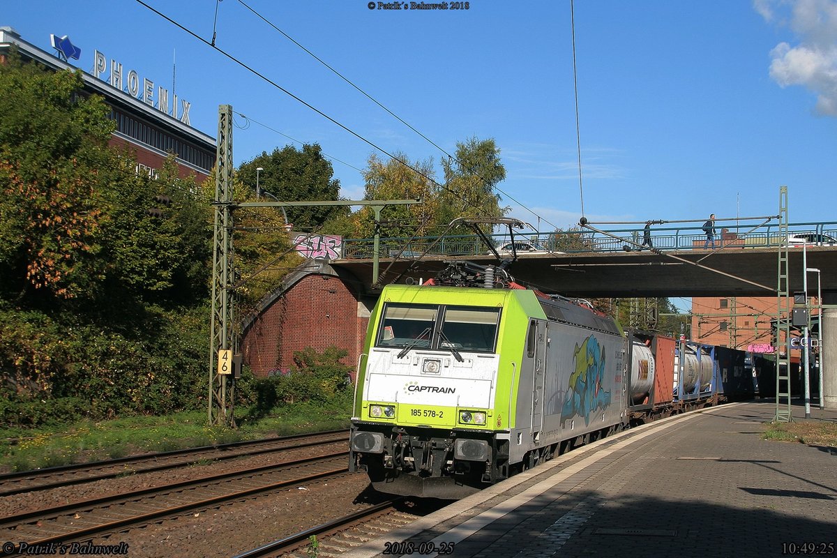 Captrain 185 578 mit Containerzug Richtung Süden
am 25.09.2018 in Hamburg-Harburg