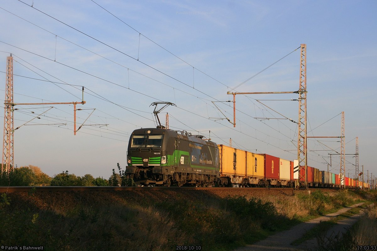 ELL / WLC 193 213 mit Containerzug Richtung Wunstorf
am 10.10.2018 in Dedensen-Gümmer