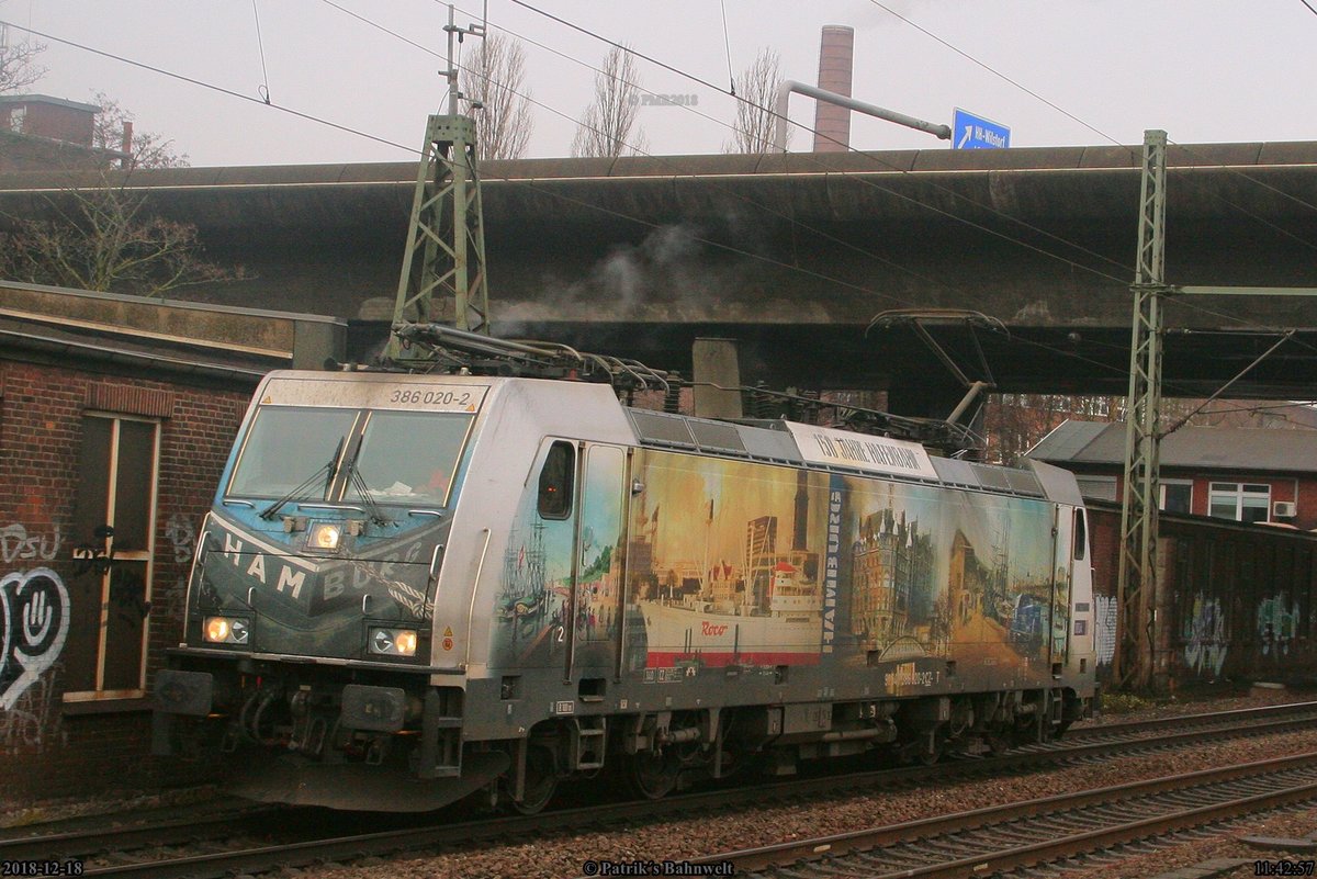 Metrans 386 020  150 Jahre Hafenbahn  am 18.12.2018 in Hamburg-Harburg